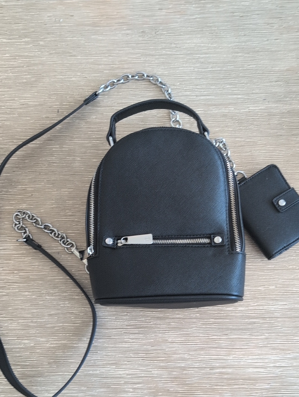 NWOT Laundry By Shelli Vegan Black Mini Crossbody Backpack with Silver Chain